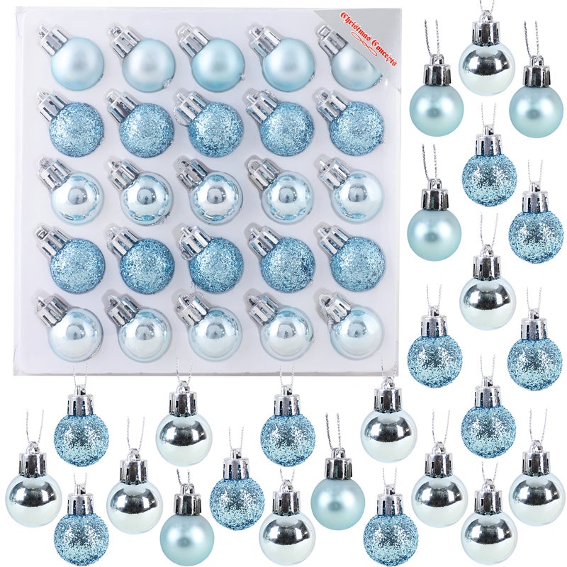 Christmas ConceptsÂ® Pack of 25-25mm Mini Christmas Tree Baubles - Shiny, Matte & Glitter Decorated Ornaments (Ice Blue) - Image 1